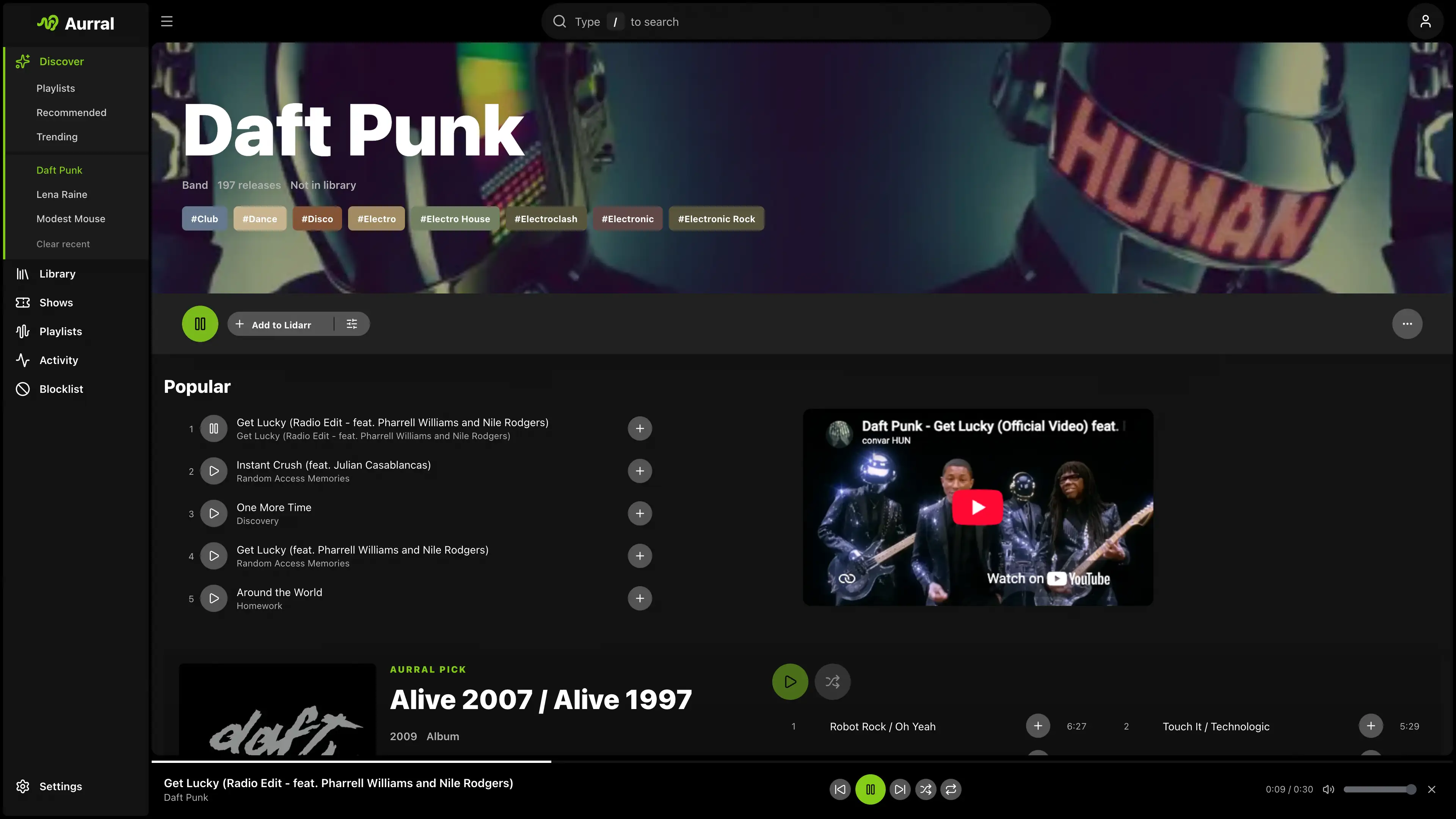 An Aurral artist page for Daft Punk with popular tracks, an Aurral pick, and the player