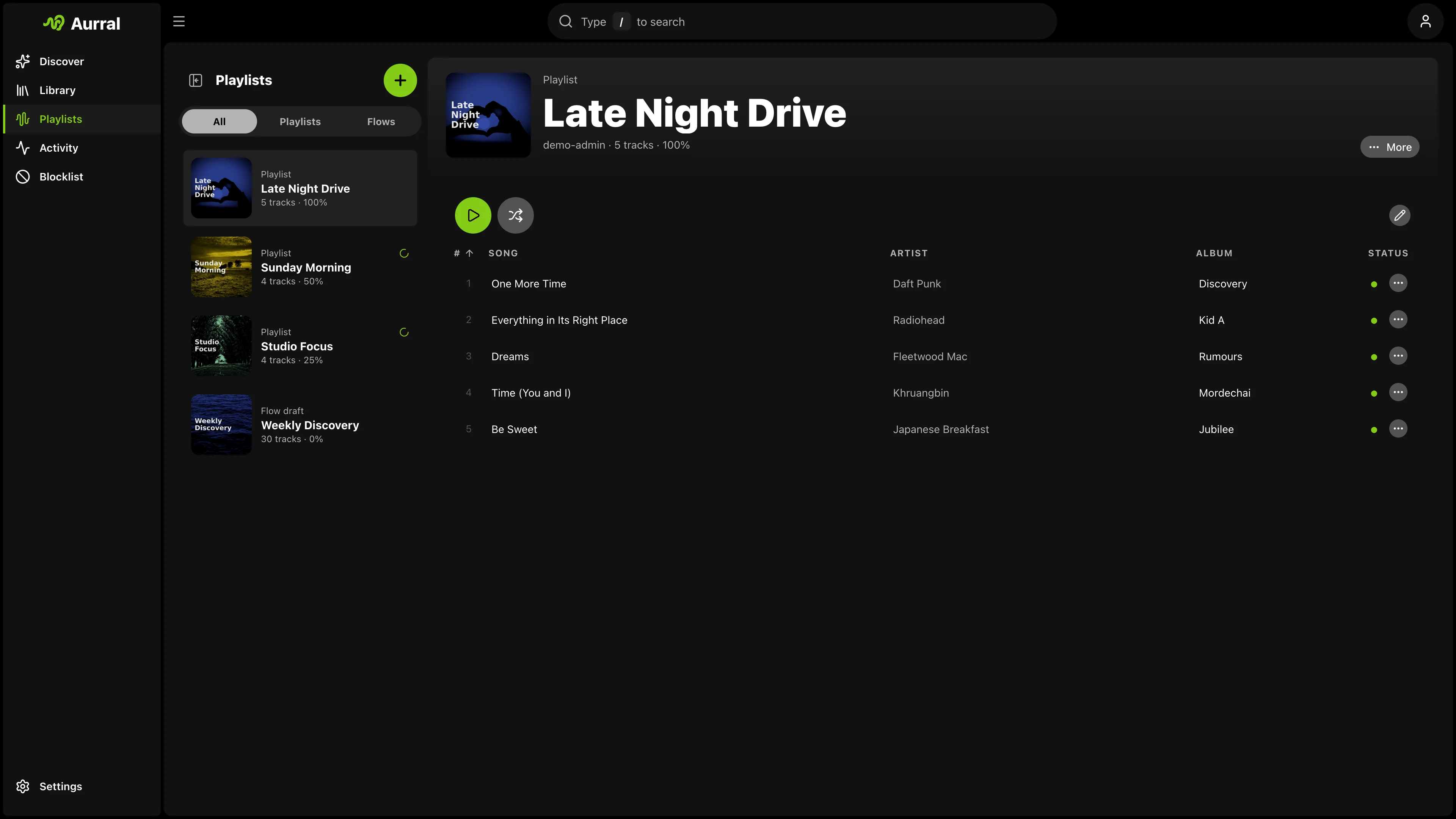 The Aurral playlists page showing a playlist called Late Night Drive and its tracklist